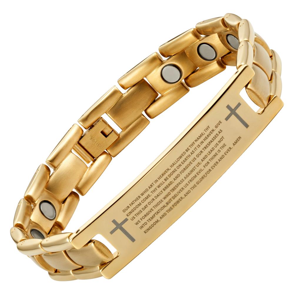 Mens Gold Tone Titanium Magnetic Bracelet with Lords Prayer