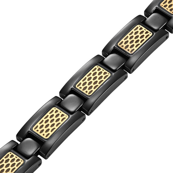 Mens Black Titanium Magnetic Bracelet with Gold Tone Honeycomb