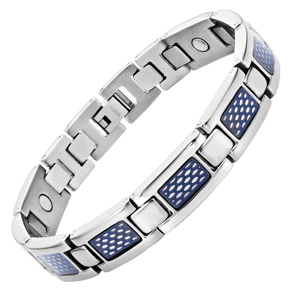 Mens Titanium Magnetic Bracelet with Blue Honeycomb Design