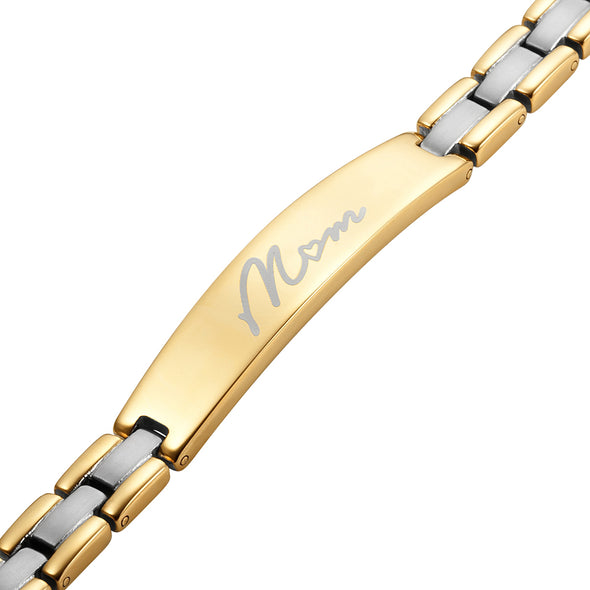 Ladies Gold Two Tone Titanium Magnetic Therapy Bracelet Engraved Mom