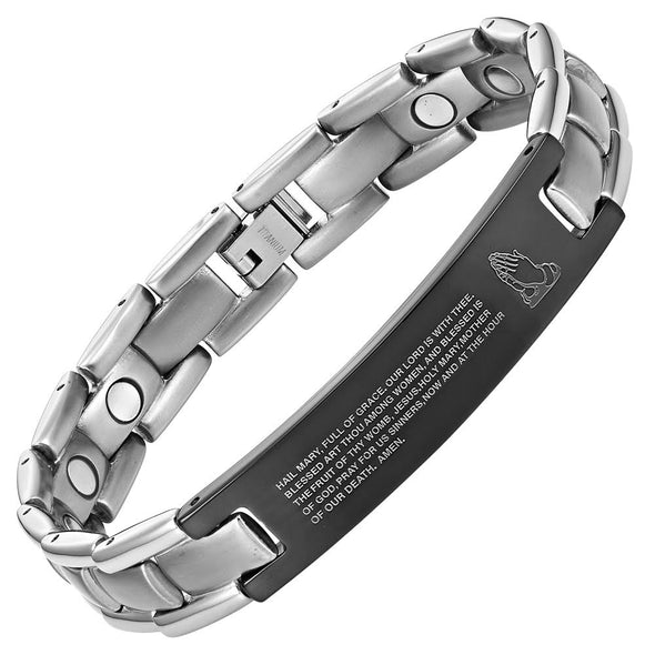 Mens Titanium Magnetic Therapy Bracelet Engraved With The Hail Mary Prayer