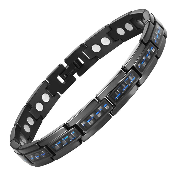 Mens Black Titanium Magnetic Therapy Bracelet Featuring Blue Carbon Fibre