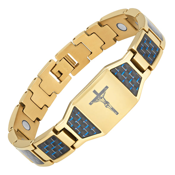 Mens Gold Tone Titanium Magnetic Therapy Bracelet with Blue Carbon Fibre and Crucifix