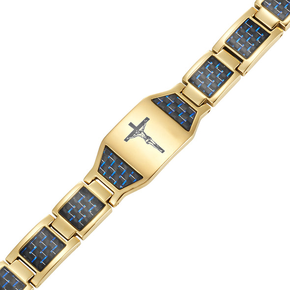 Mens Gold Tone Titanium Magnetic Therapy Bracelet with Blue Carbon Fibre and Crucifix