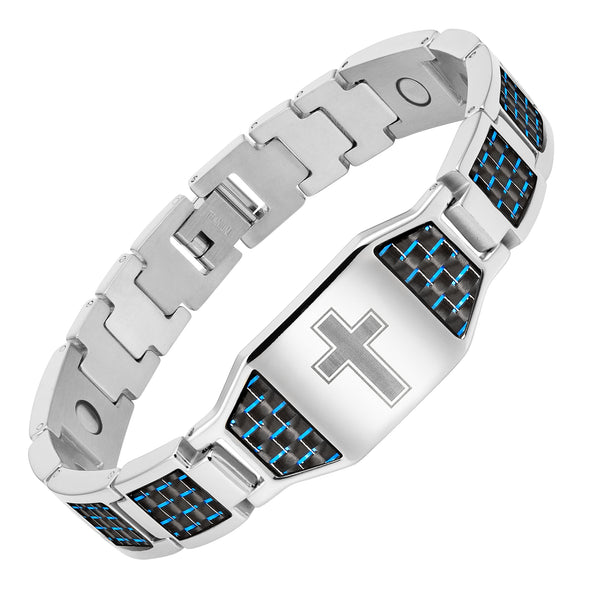 Mens Titanium Magnetic Therapy Bracelet with Carbon Fibre and Cross