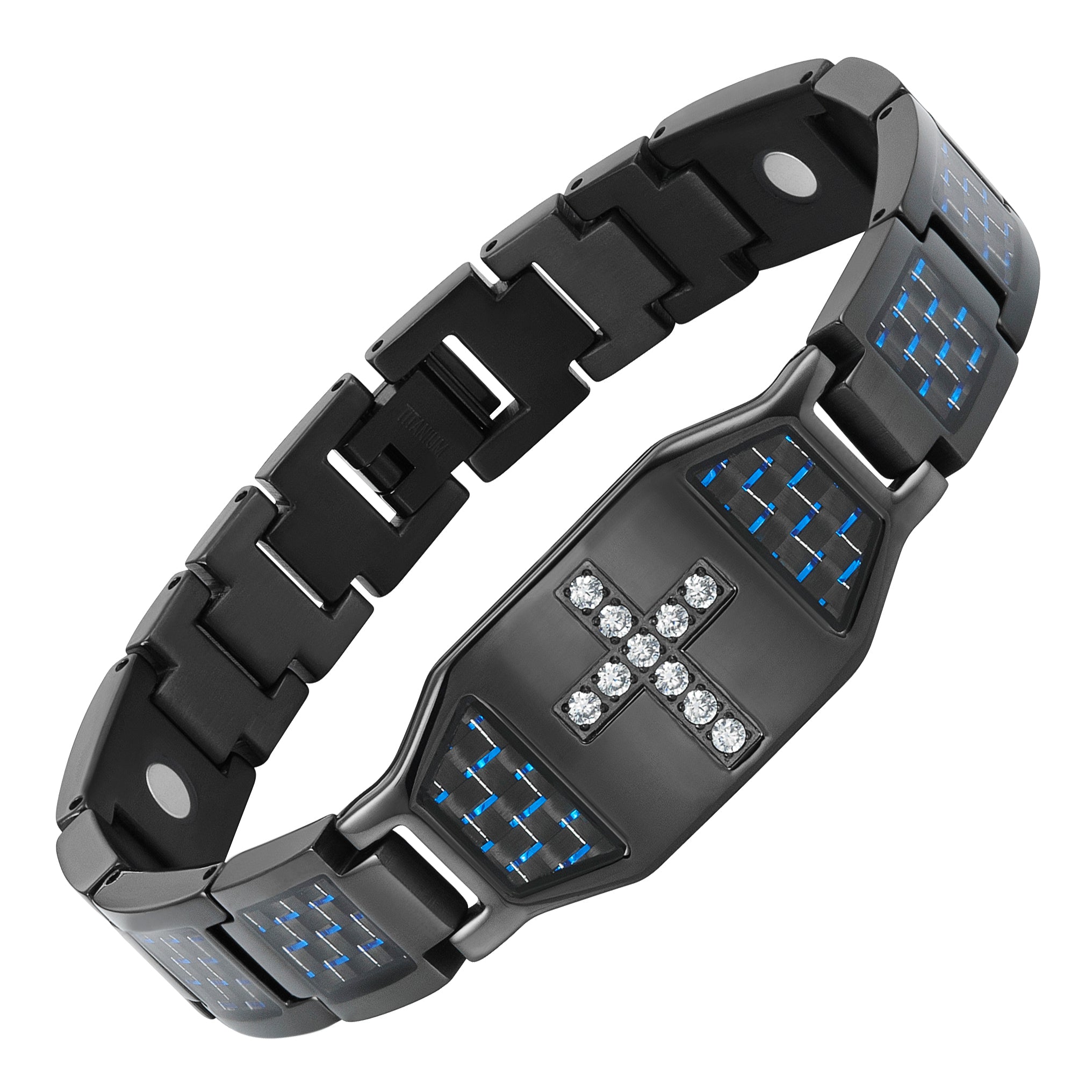 Men's Magnetic Therapy Bracelet Featuring CZ Cross & Blue Carbon Fibre