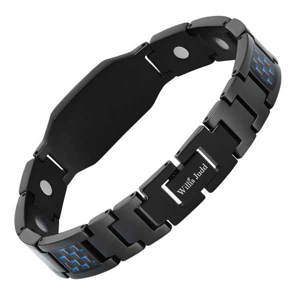 Men's Magnetic Therapy Bracelet Featuring CZ Cross & Blue Carbon Fibre