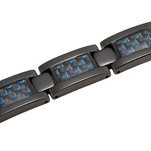Mens Black Titanium Four Element Magnetic Therapy Bracelet with Blue Carbon Fibre