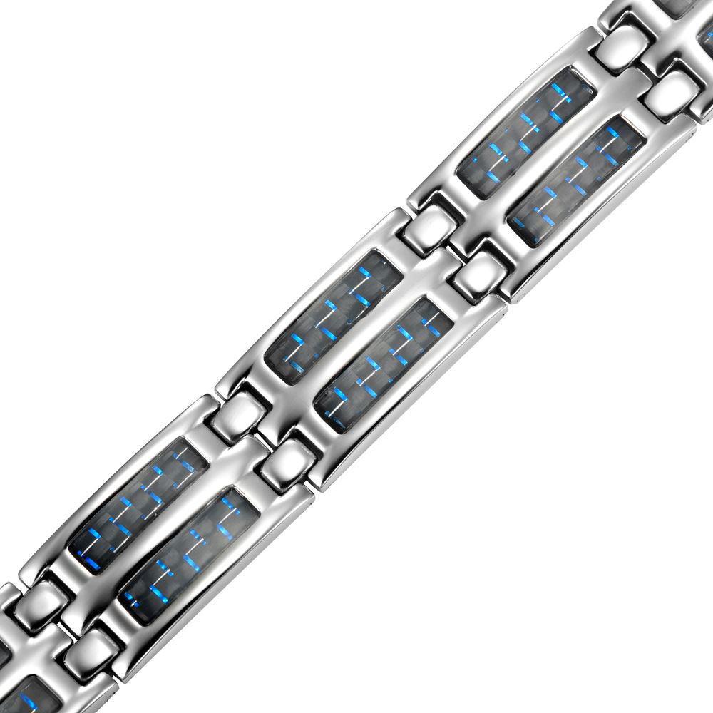 New Mens Titanium 4 Element Magnetic Bracelet Blue Carbon Fibre Free Adjuster Gift Box
