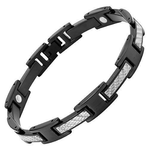 New Mens Titanium Magnetic Bracelet Silver Carbon Fibre Free Adjuster Gift Box - TB15