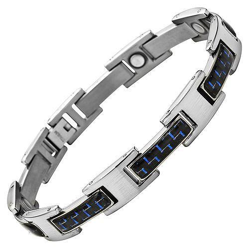New Mens Titanium Magnetic Bracelet Blue Carbon Fibre Free Adjuster Gift Box - TB16