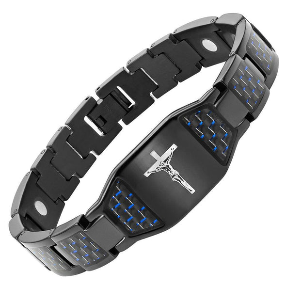 Willis Judd Mens Christian Jesus Crucifix Cross Blue Carbon Fiber Black Titanium Magnetic Bracelet with Free Link Removal Tool and Gift Box