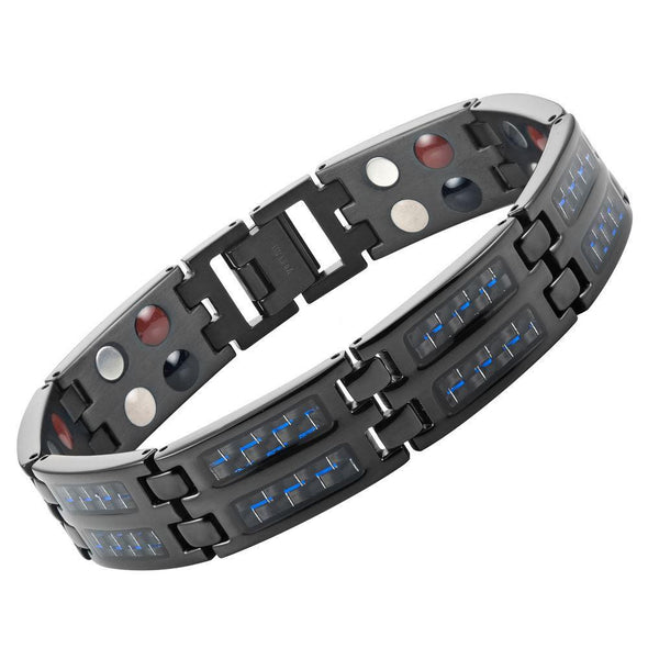 New Mens Titanium Magnetic Bracelet Silver Carbon Fibre Free Adjuster Gift Box