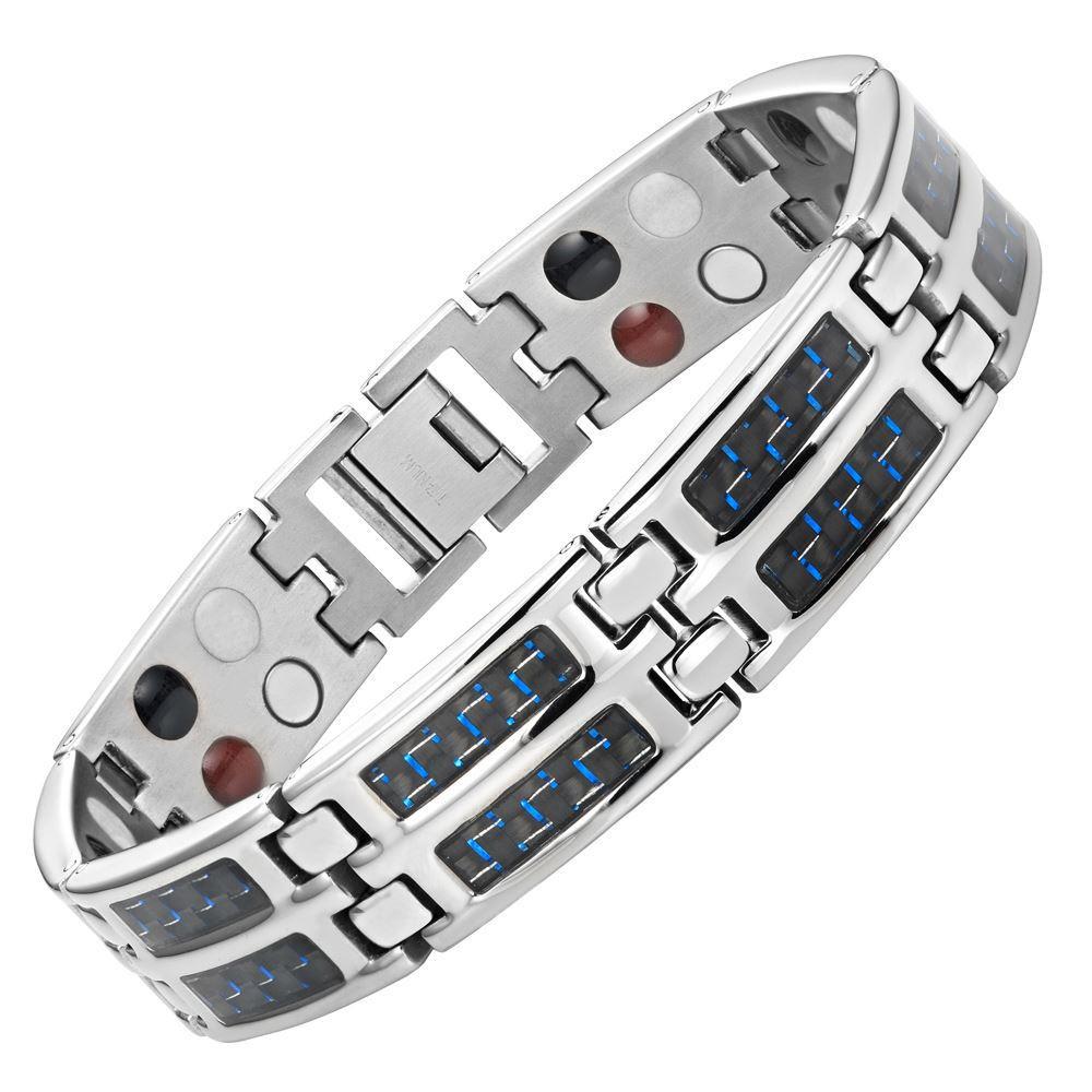 New Mens Titanium 4 Element Magnetic Bracelet Blue Carbon Fibre Free Adjuster Gift Box