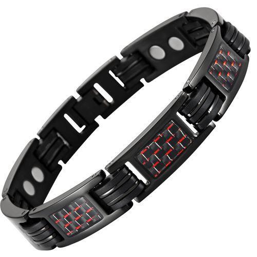 New Mens Magnetic Titanium Bracelet Red Carbon Fibre + Free Adjuster Gift Box
