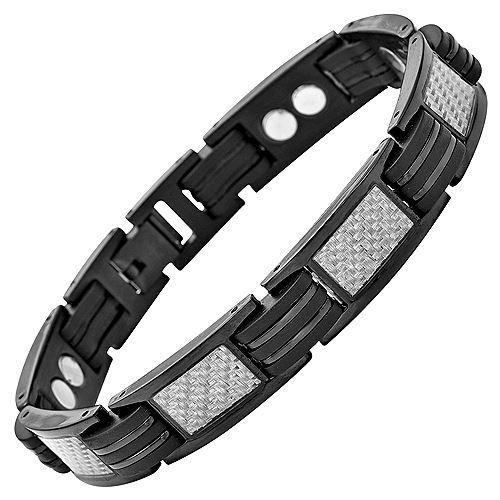 New Mens Titanium Magnetic Bracelet Silver Carbon Fibre Free Adjuster Gift Box - TB39