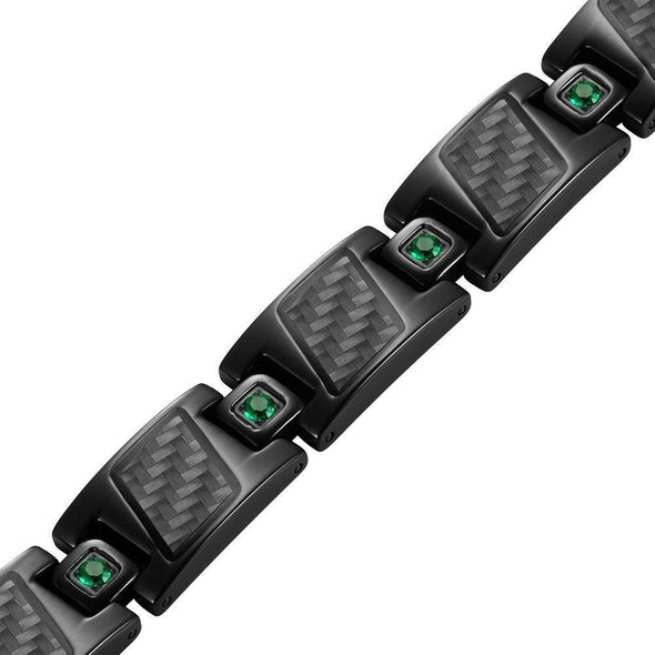Willis Judd Men’s Black Titanium with Green CZ and Black Carbon Fiber Magnetic Bracelet Gift Boxed with Link Removal Tool