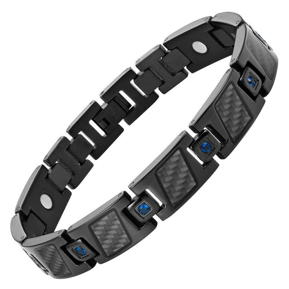 Willis Judd Men’s Black Titanium with Blue CZ and Black Carbon Fiber Magnetic Bracelet Gift Boxed with Link Removal Tool