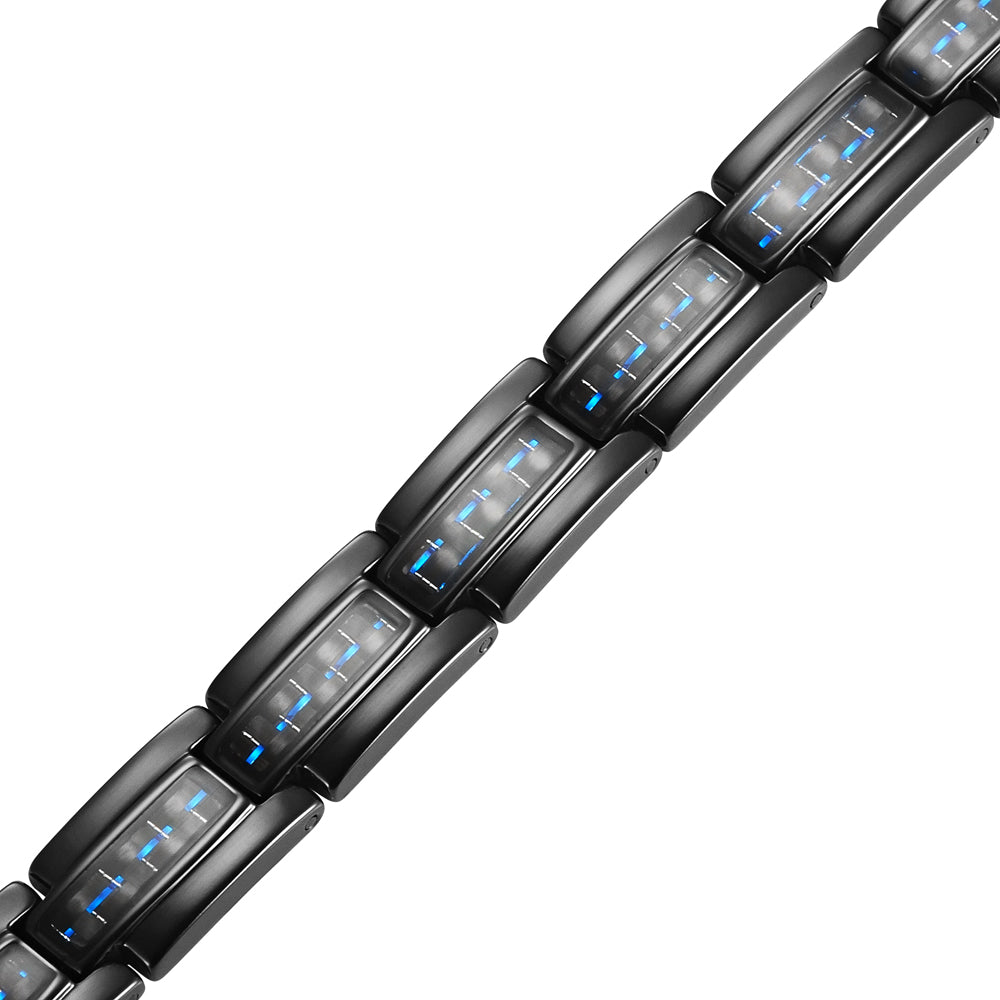 Mens Black Titanium Magnetic Therapy Bracelet Featuring Blue Carbon Fibre